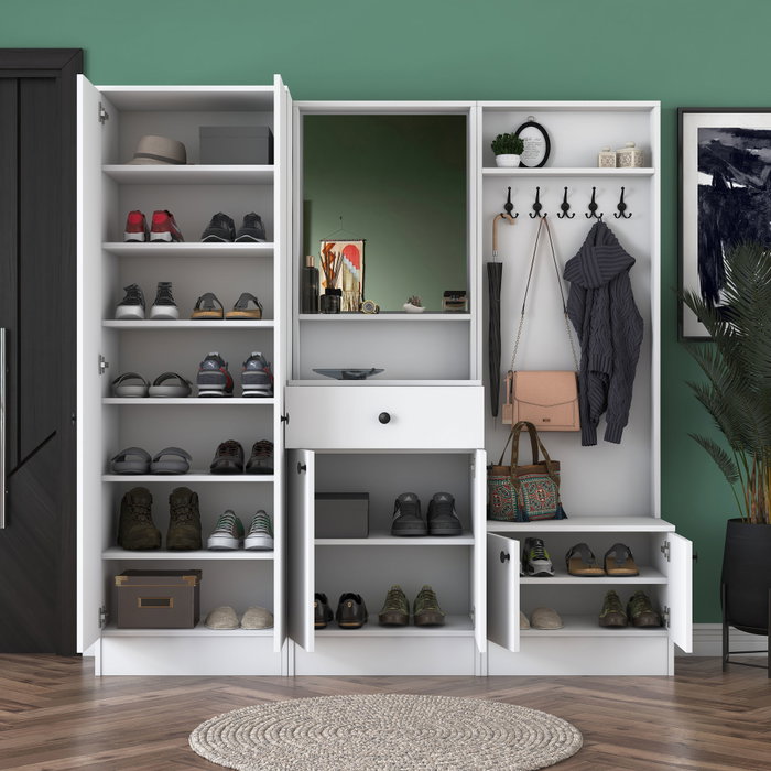 Hanah Home M2 - 1558 Pie de Recibidor Escandinavo Blanco con Cajón y Espejo 179.4x182.8x37.3 cm